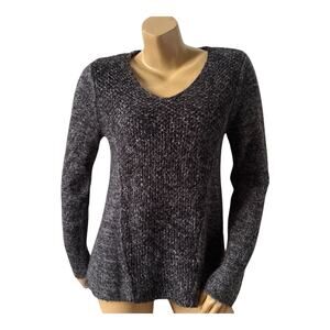 STYLE & CO Womens Size Medium Black Gray Speckled V Neck Pullover Sweater